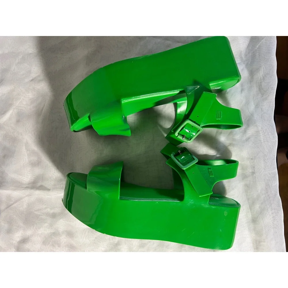 Melissa Platform Jelly Sandals Size 7 Retro Chunky Green PVC Buckle Strap